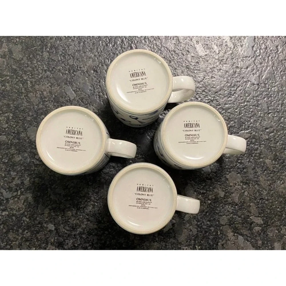 Set of 4 Fitz & Floyd‎ Omnibus Habitat Americana Colony Blue Mugs